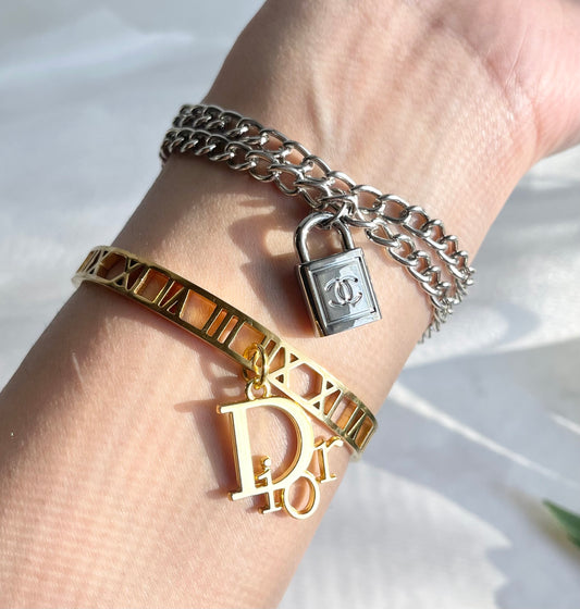 Upcycled silver chanel lock charm bracelet
