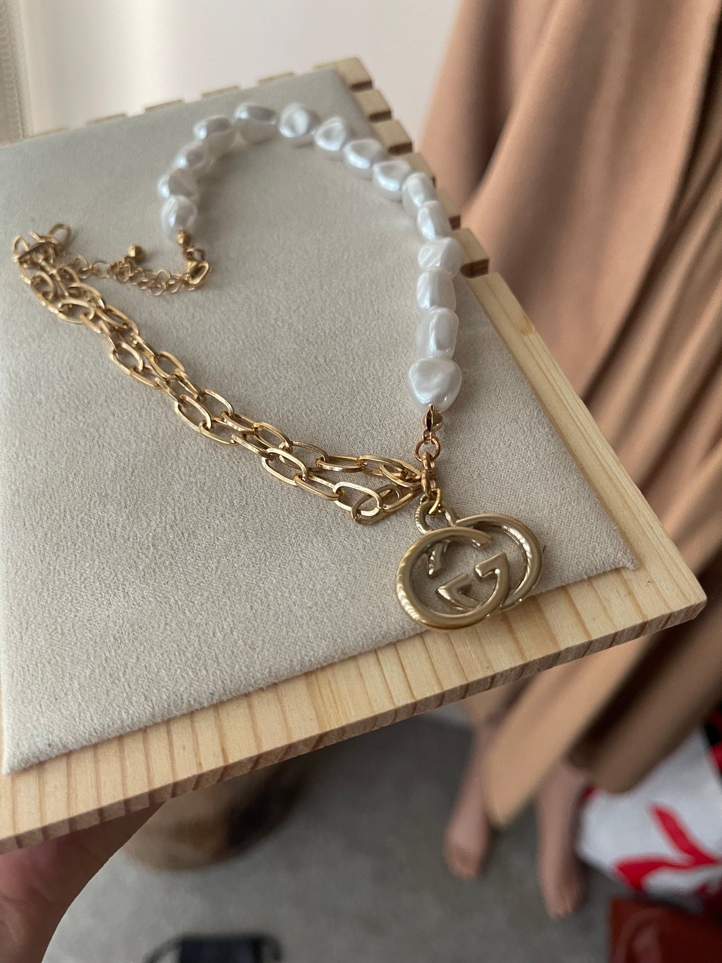 Upcycled charm necklace in gold and white