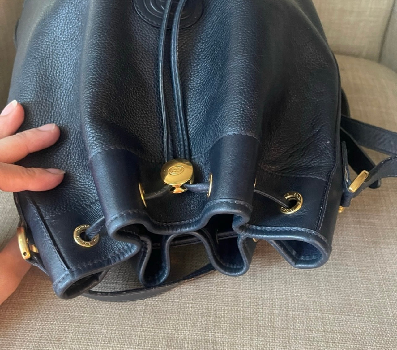 Authentic Gucci drawstring blue leather bag