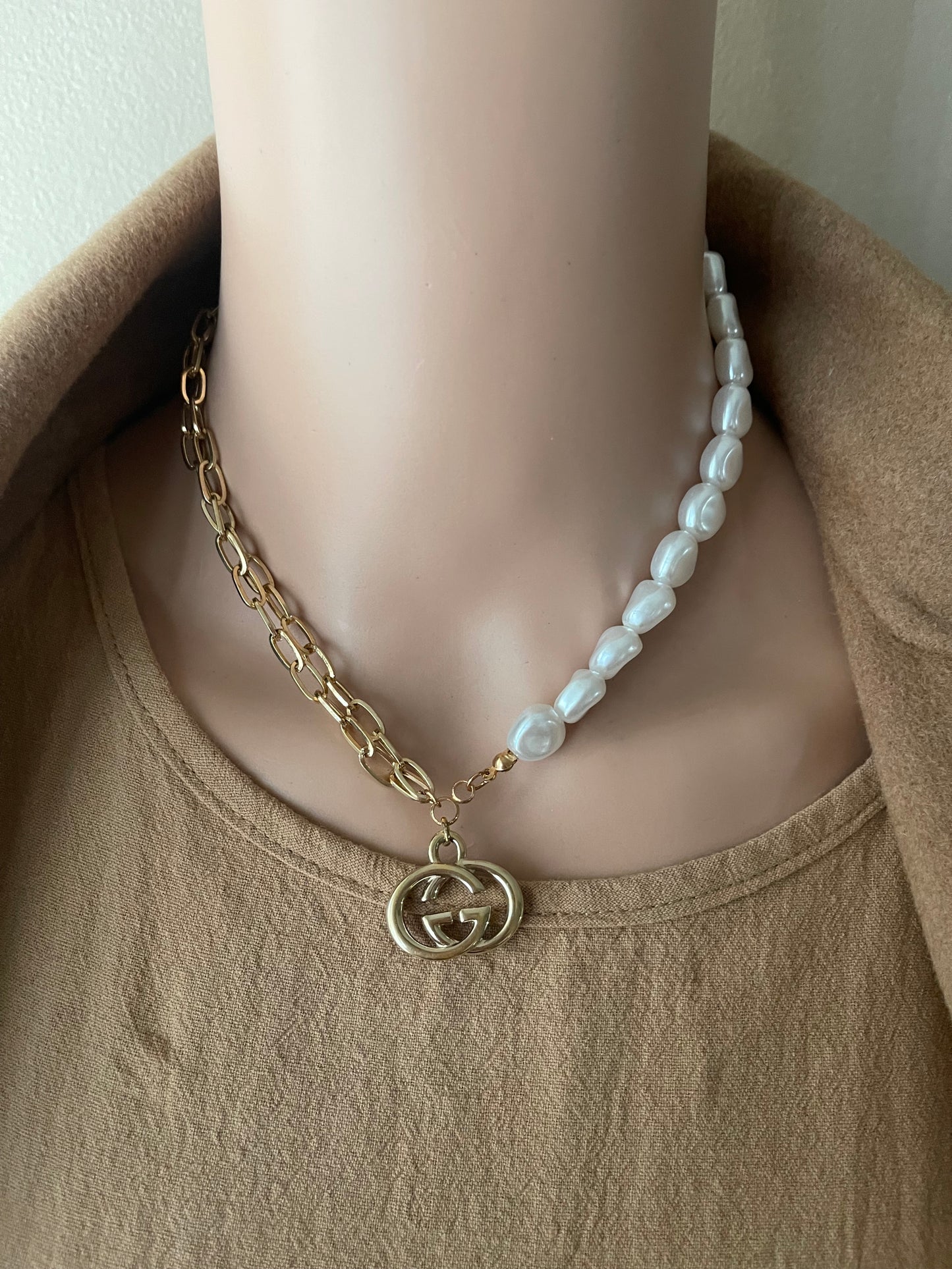 Upcycled charm necklace in gold and white