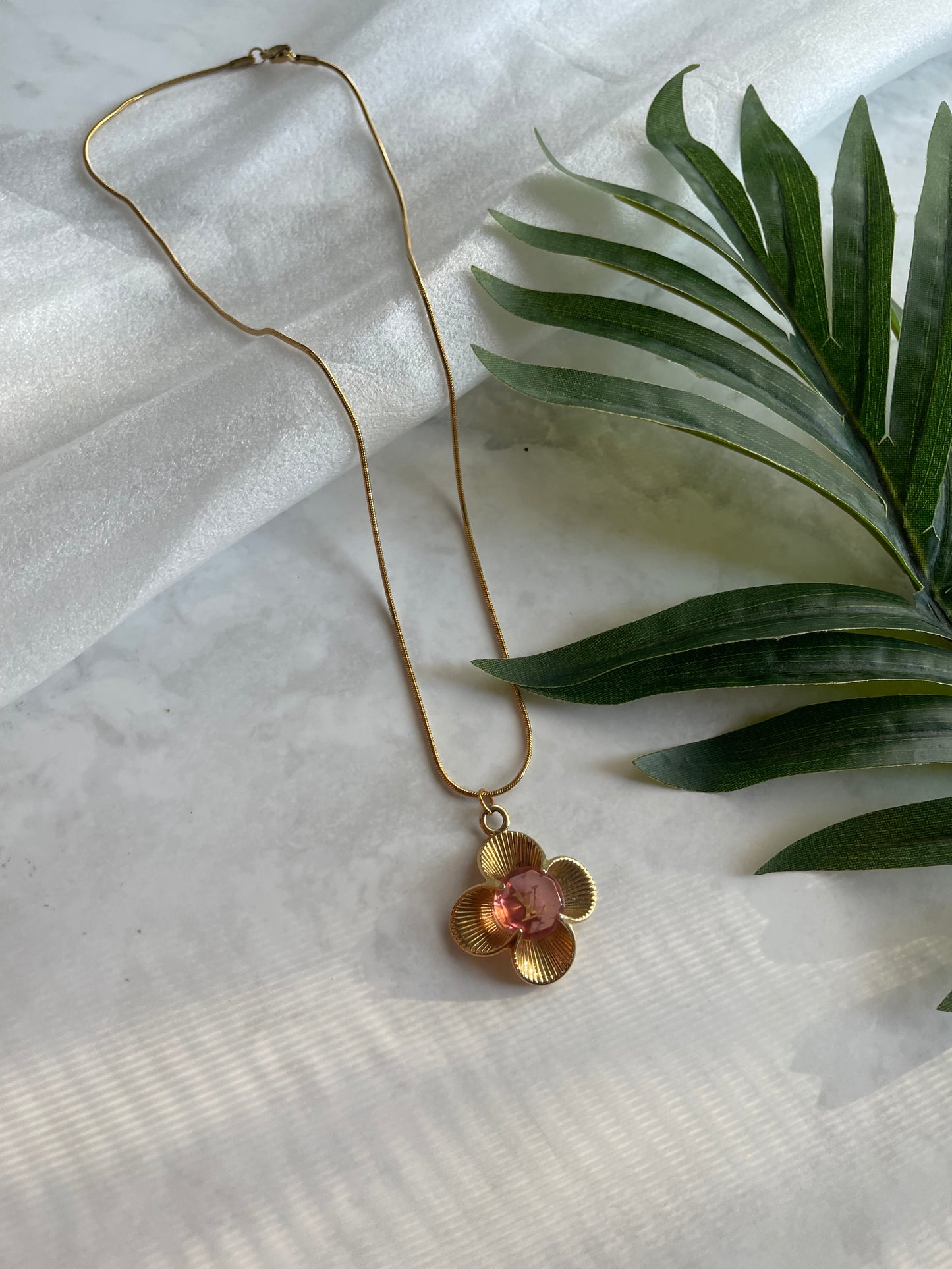 Upcycled LV flower cha necklace