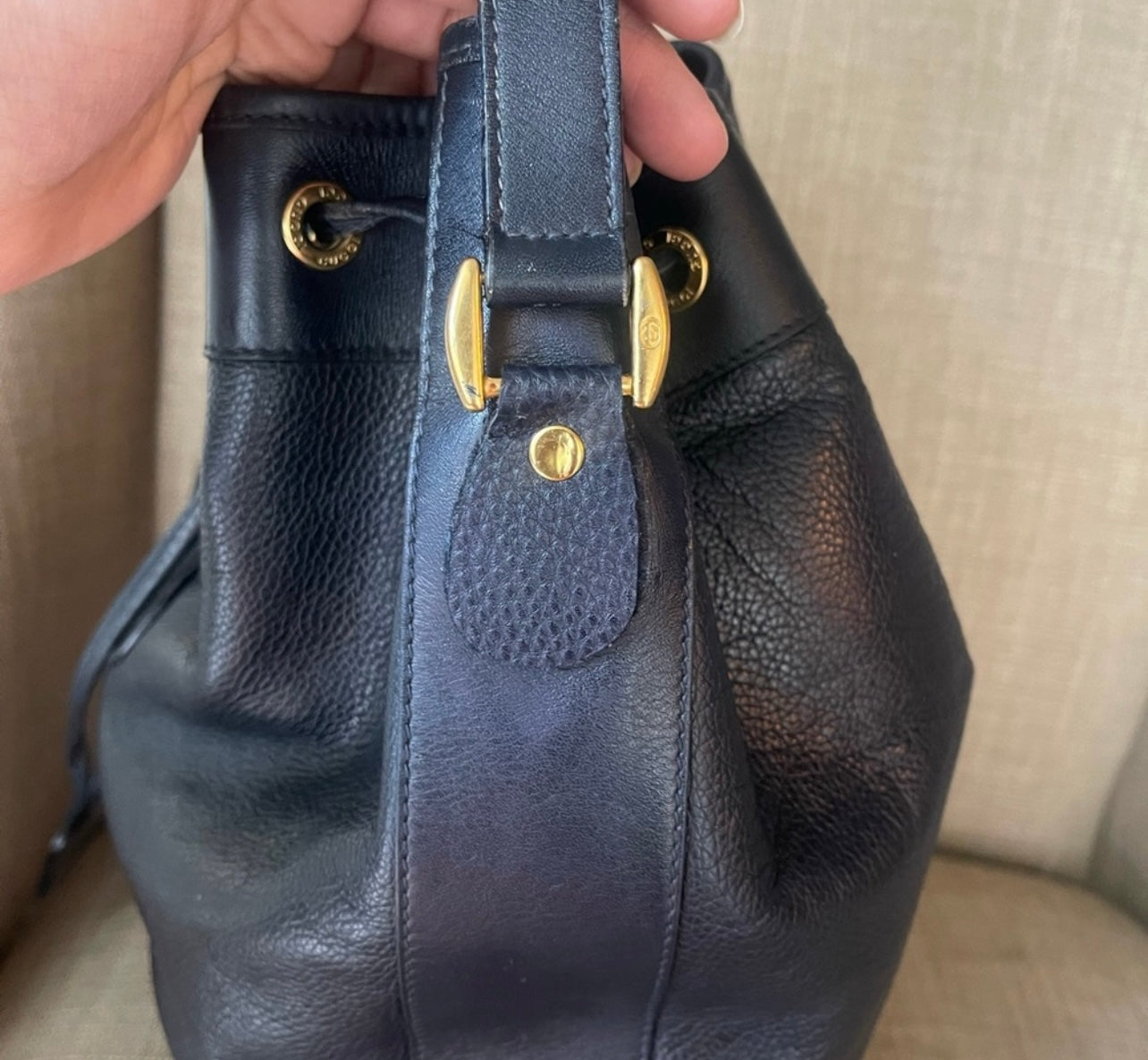 Authentic Gucci drawstring blue leather bag