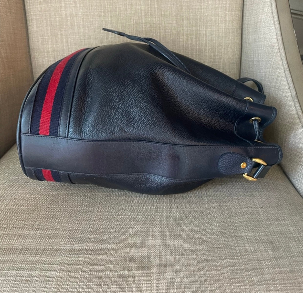Authentic Gucci drawstring blue leather bag