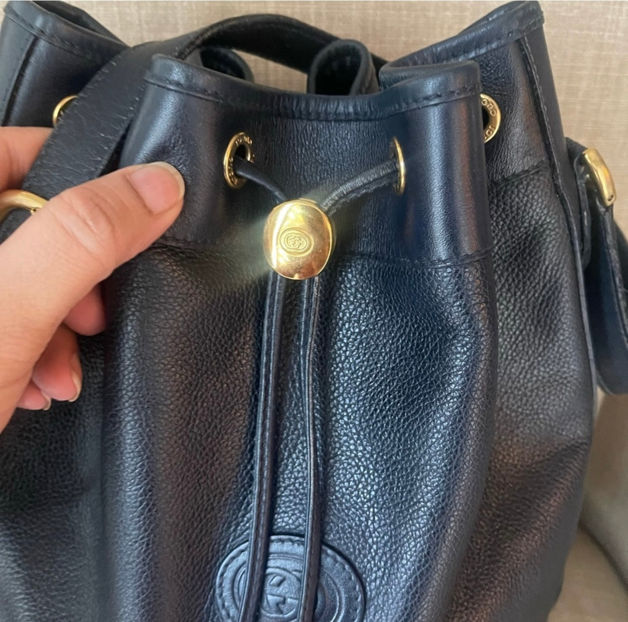 Authentic Gucci drawstring blue leather bag
