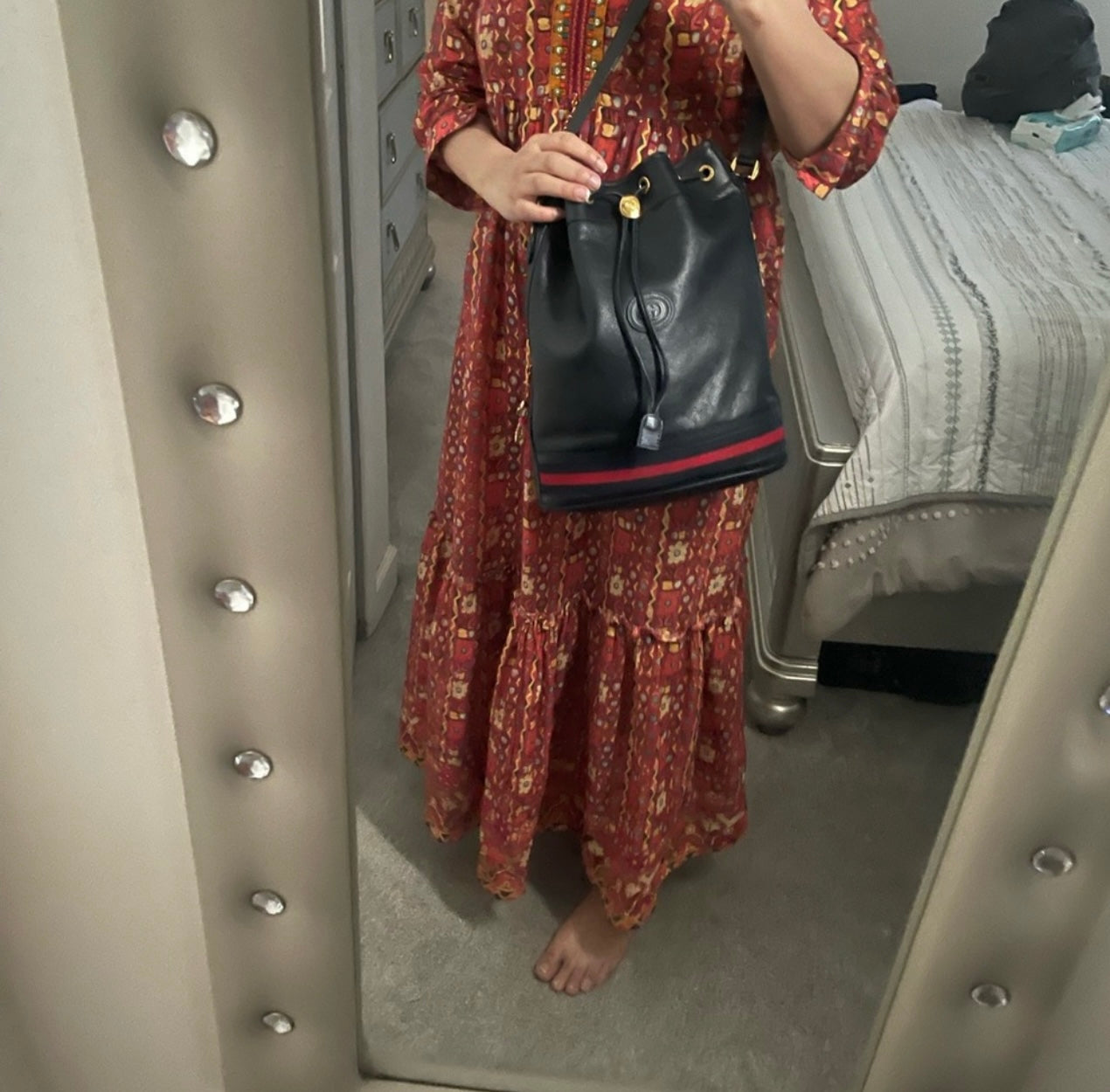 Authentic Gucci drawstring blue leather bag