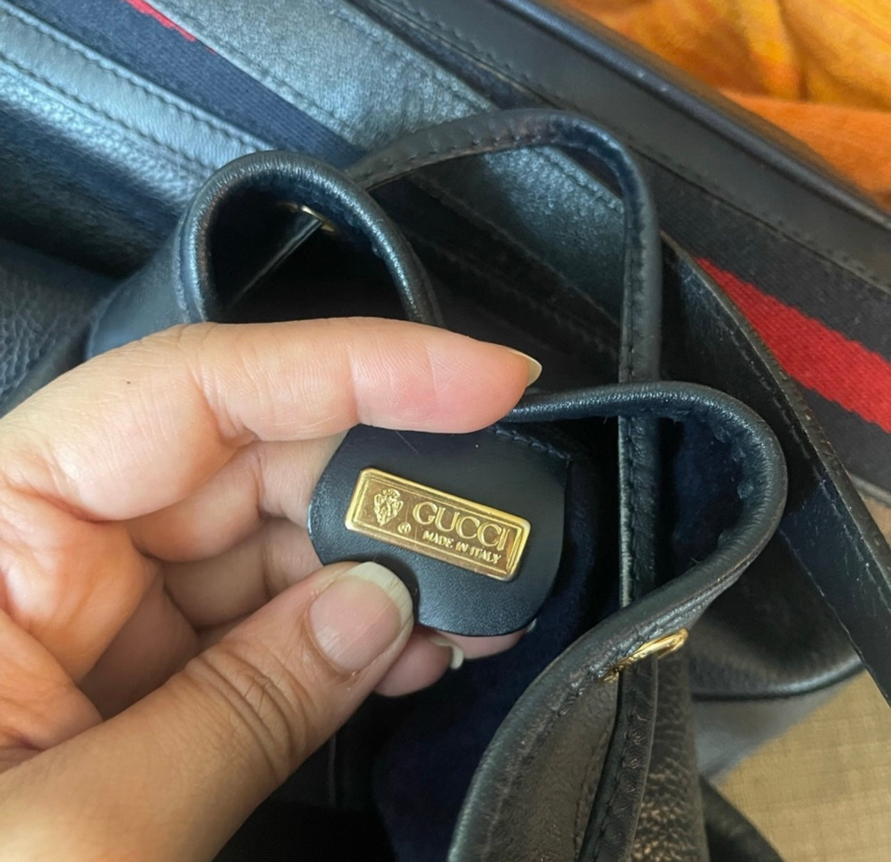 Authentic Gucci drawstring blue leather bag