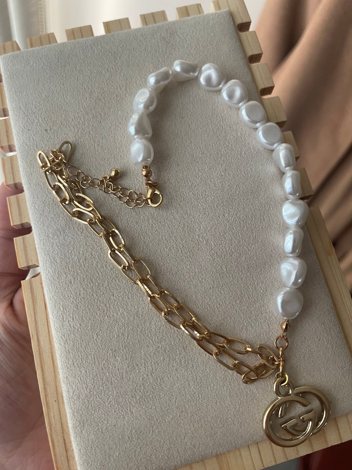 Upcycled charm necklace in gold and white