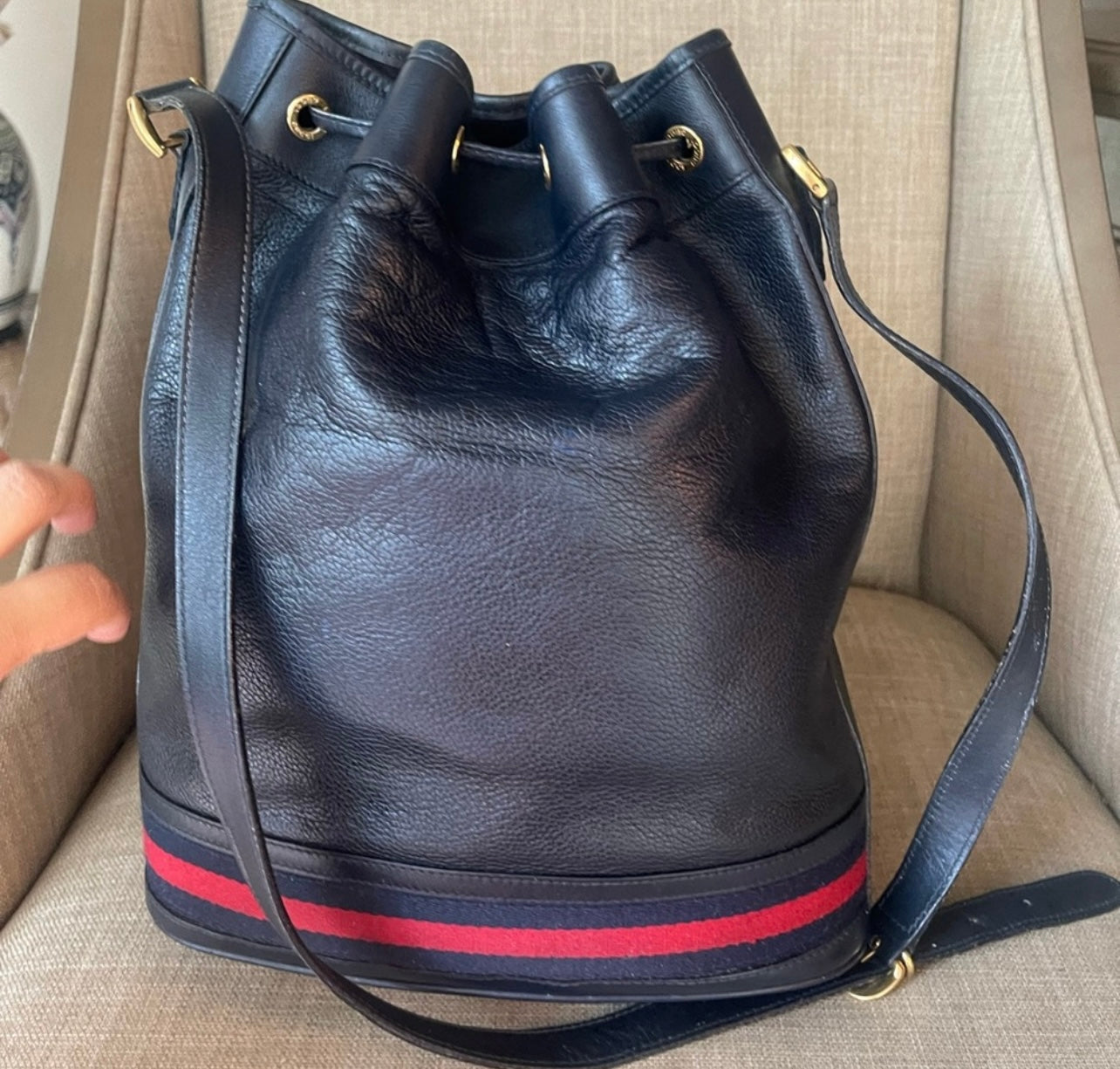Authentic Gucci drawstring blue leather bag