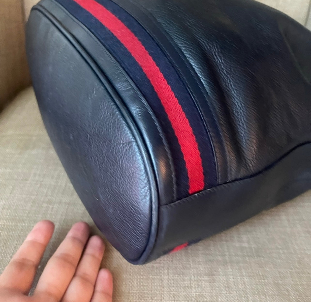 Authentic Gucci drawstring blue leather bag