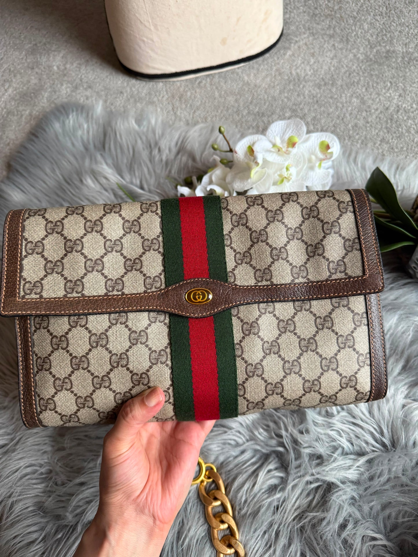 Authentic Gucci vintage web sherry line clutch bag